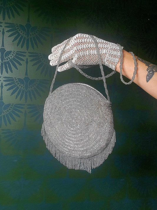 SOLD - Vintage La Regale Silver Round Deco Beaded Evening Bag
