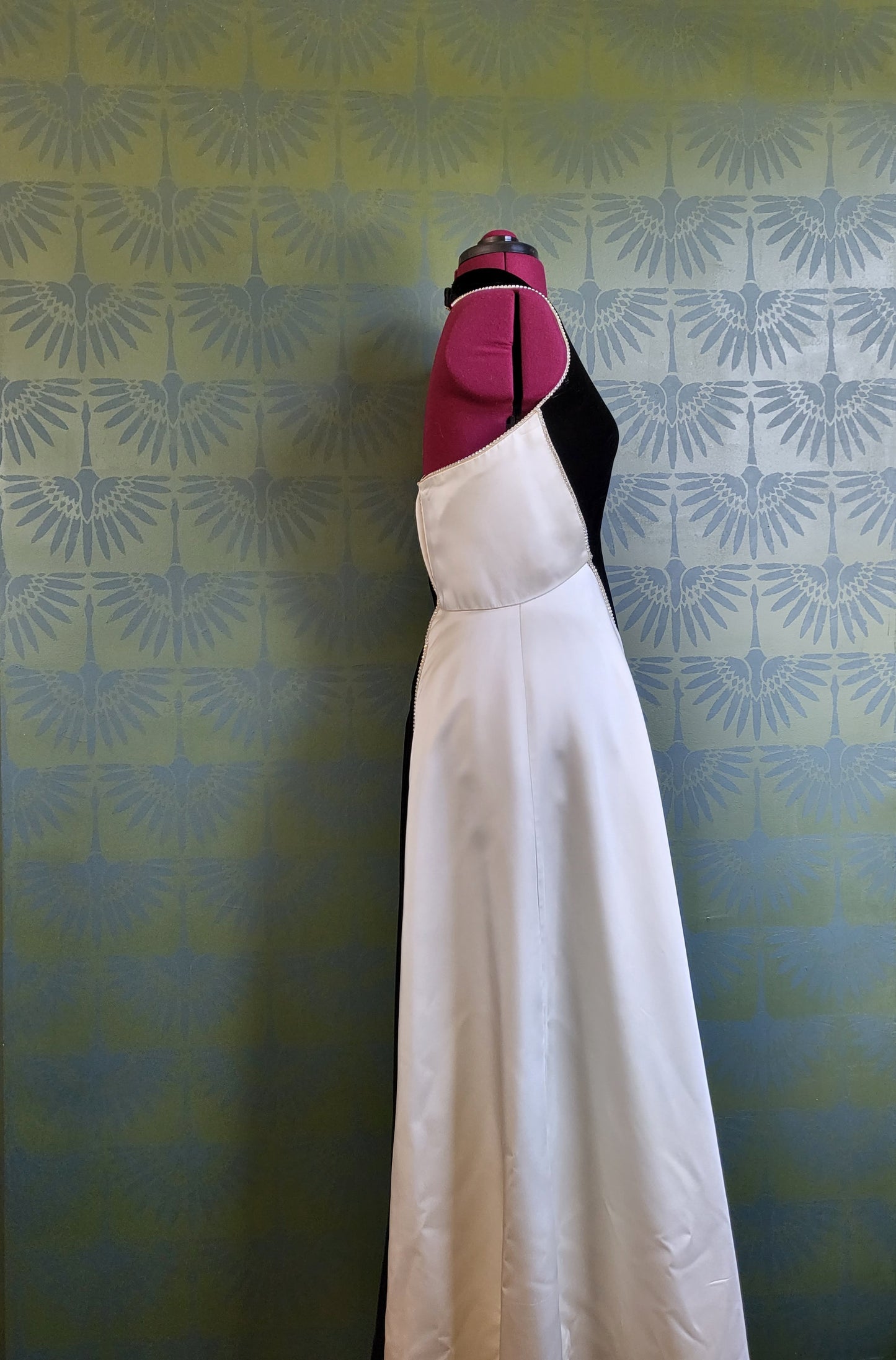 SOLD - Vintage Black Velvet and Ivory Satin Evening Halter Gown