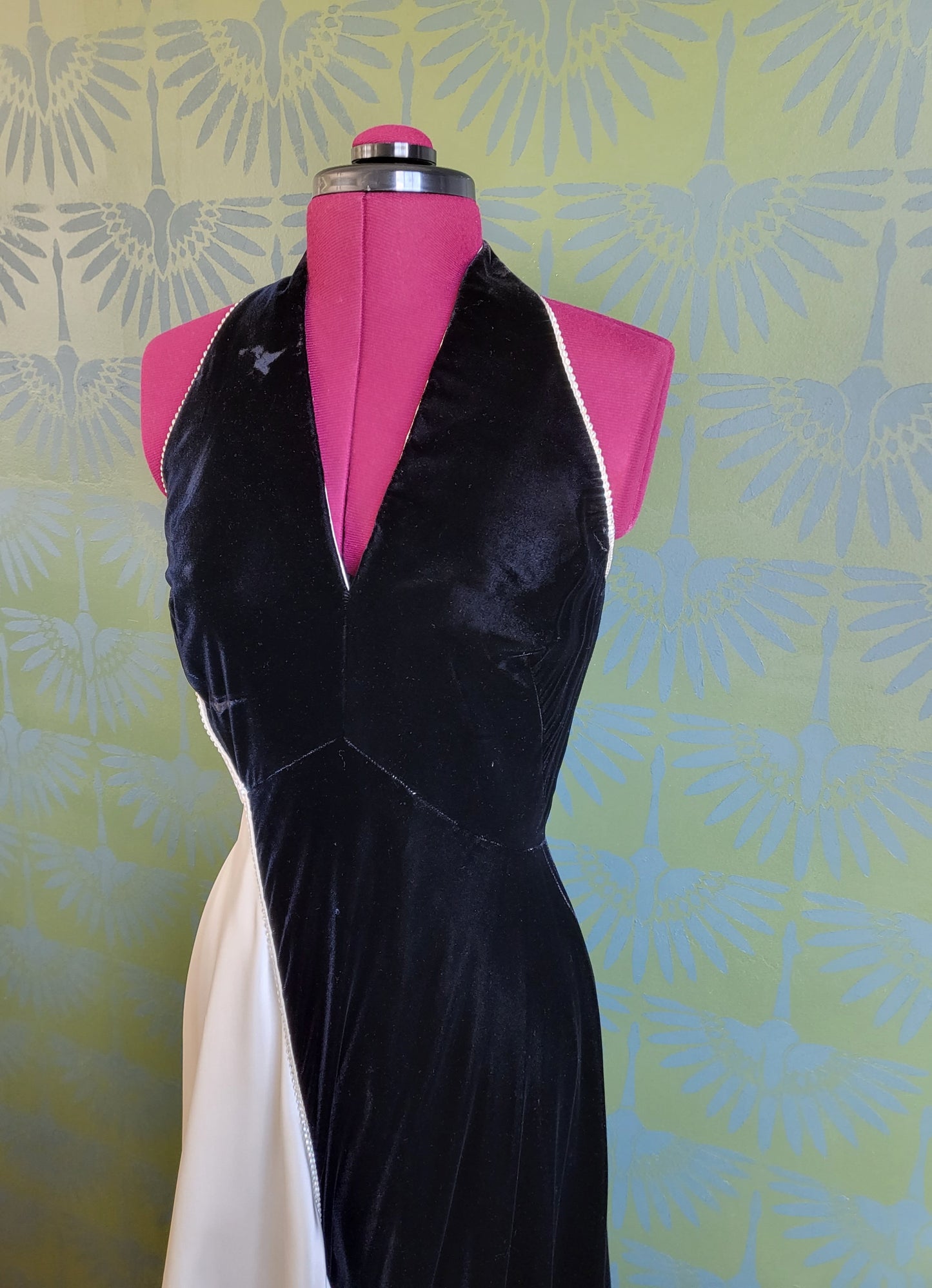 SOLD - Vintage Black Velvet and Ivory Satin Evening Halter Gown