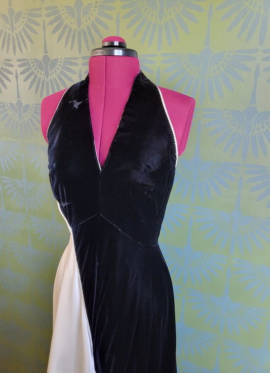 SOLD - Vintage Black Velvet and Ivory Satin Evening Halter Gown