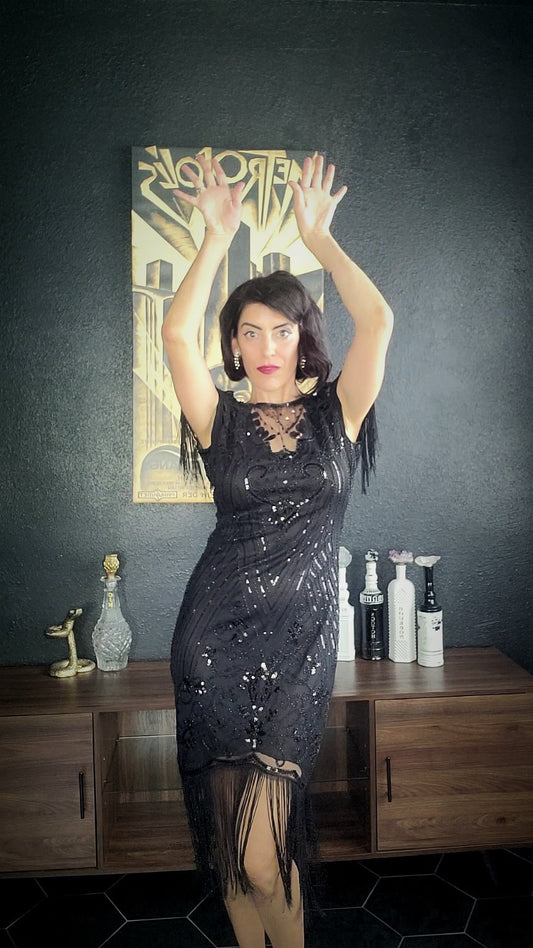 1920s Style Black Beaded Fringe Sleeve Nadine Flapper Dress