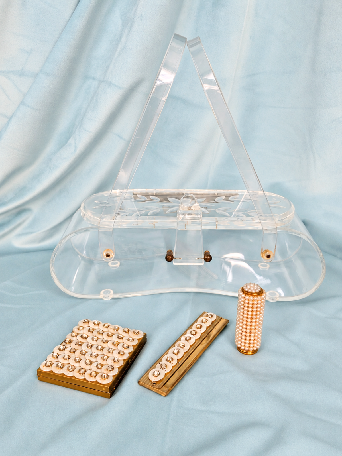 Vintage 1950s Clear Lucite Handbag & Accessories Set