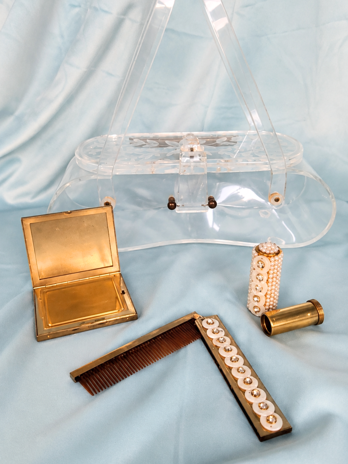 Vintage 1950s Clear Lucite Handbag & Accessories Set