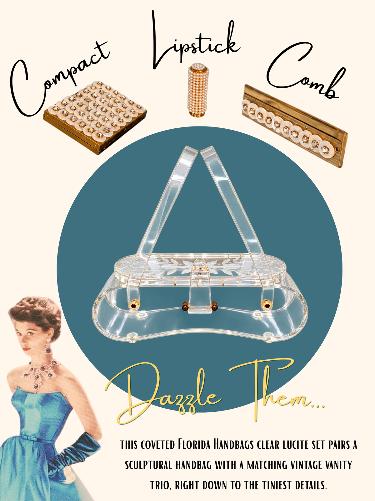 Vintage 1950s Clear Lucite Handbag & Accessories Set