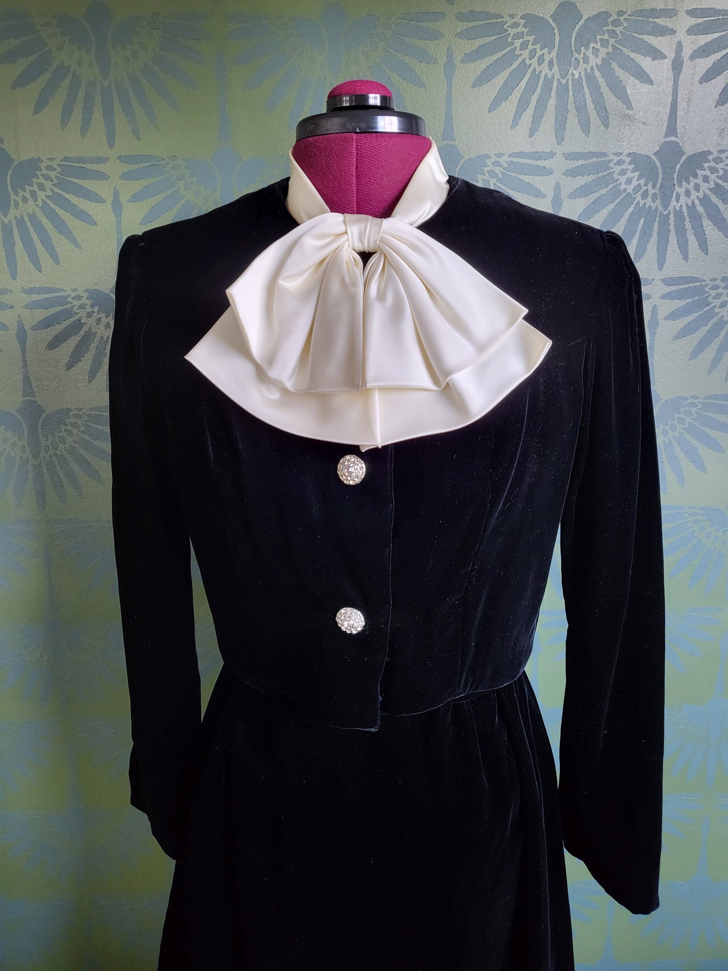 Vintage 1960's Ivory Satin and Black Velvet Color Block Dress with Bolero