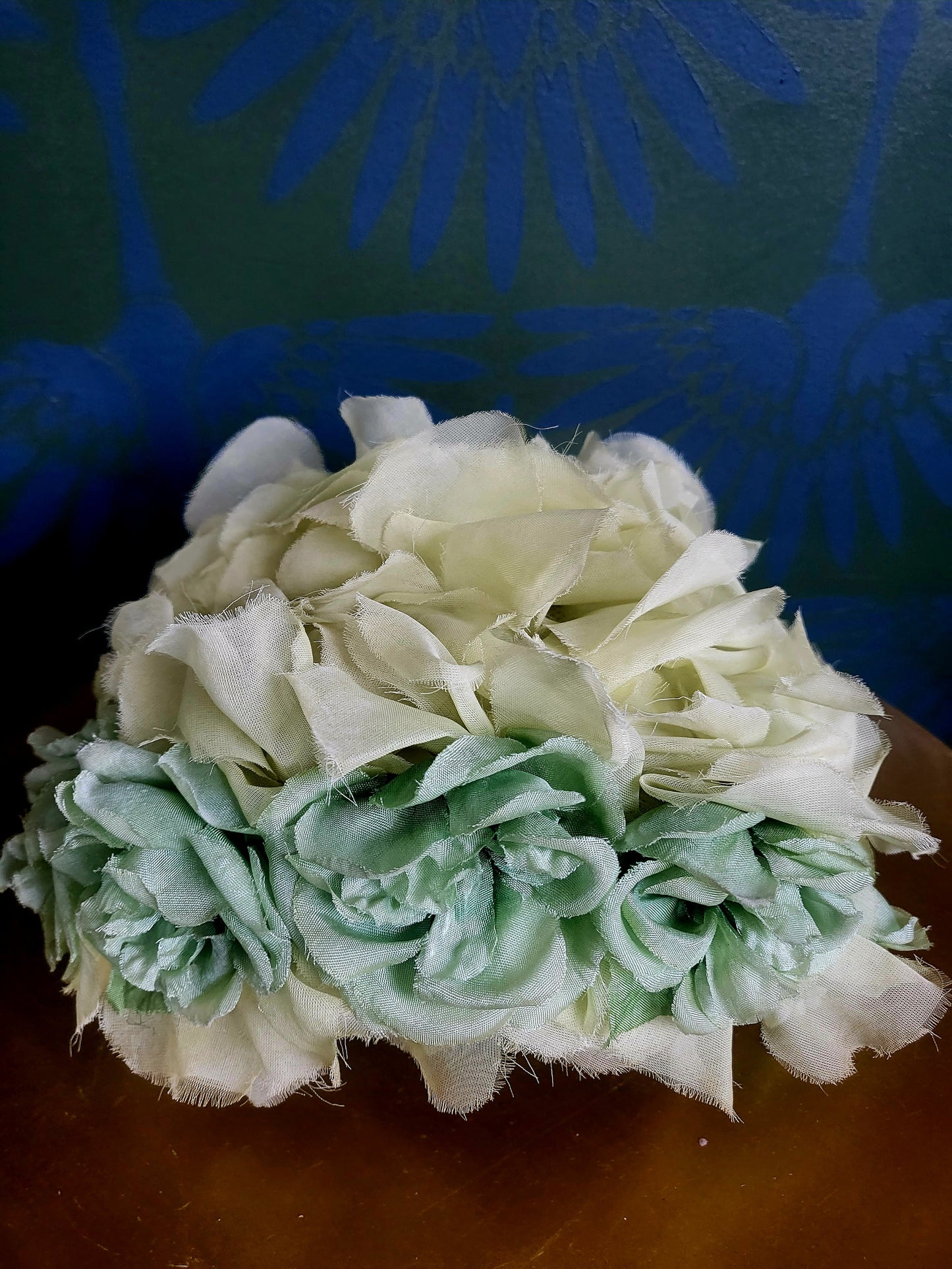 SOLD - Vintage 1950s-1960s Pale Green Chiffon Flower and Petal Juliet Cap