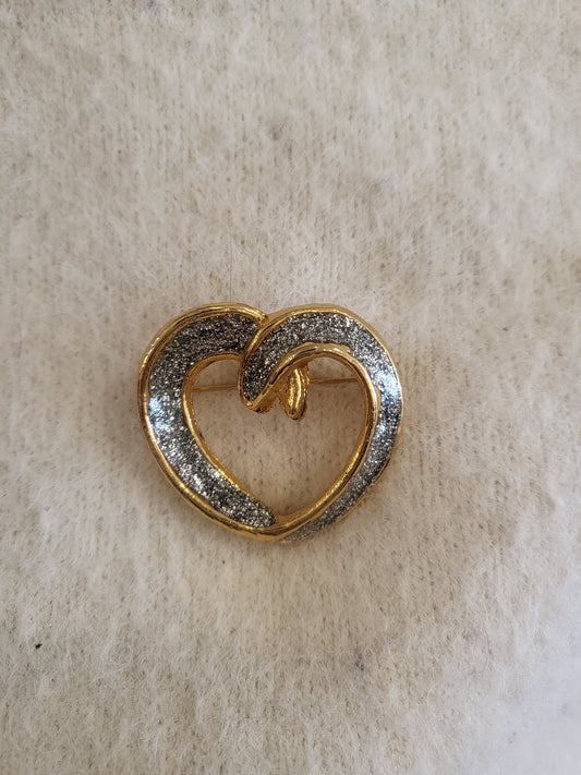 Vintage Golden Heart with Silver Glitter Inlay Brooch