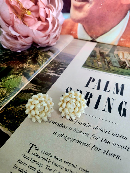 Vintage Large Ivory Lotus Flower Beaded Studs (Screw Post)
