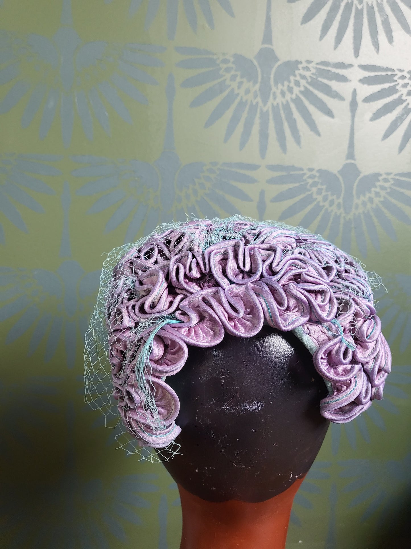 SOLD - Vintage 1950s-1960s Linda Anne Fashions Deep Lilac Rippled Satin Juliet Cap with Teal Birdcage Veil - HAT7