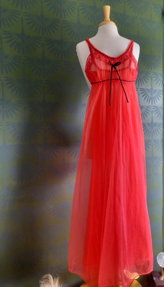 SOLD - Vintage Red Chiffon and Lace Trim Long Negligee