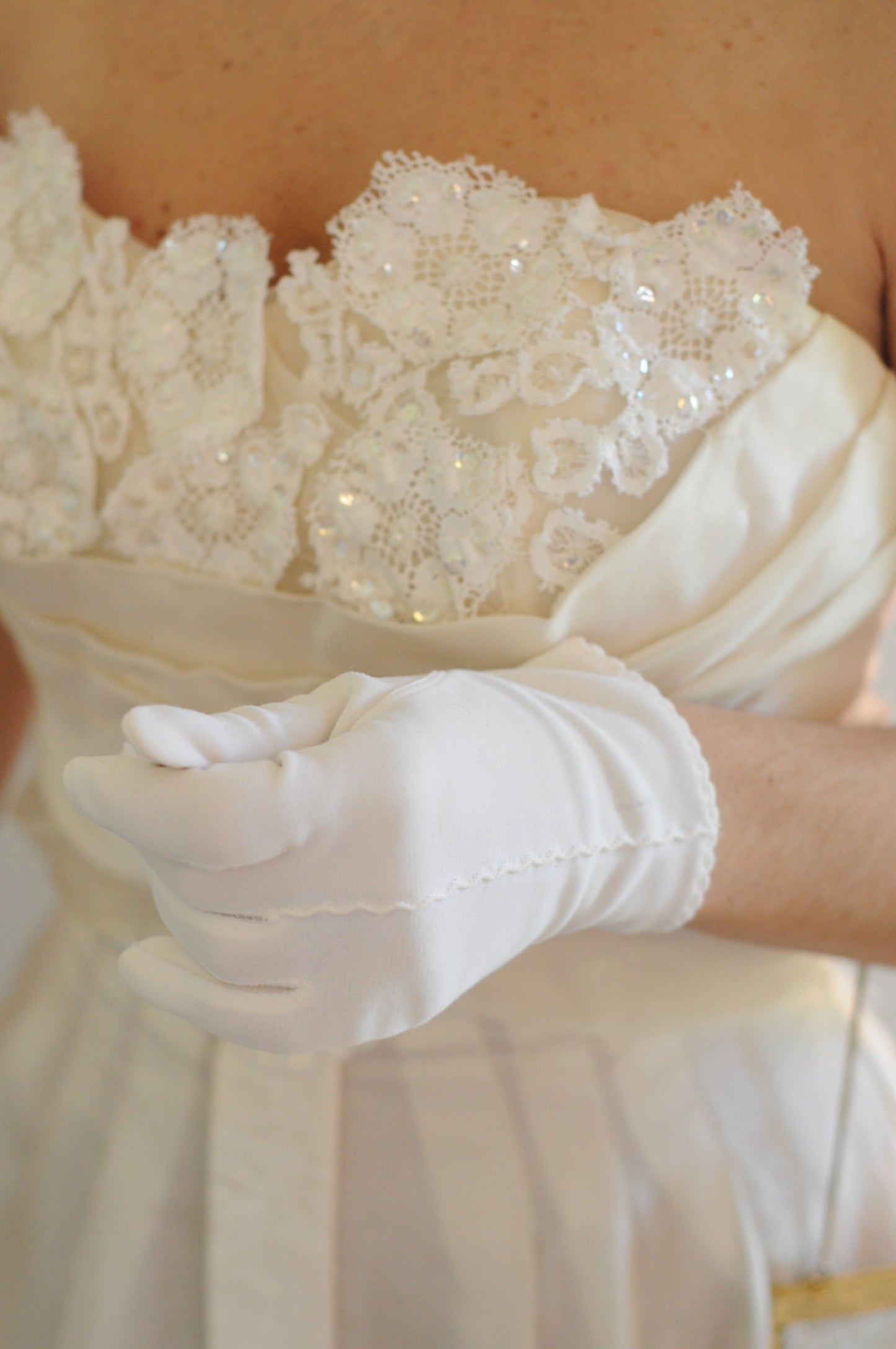 SOLD - Vintage 1950's Strapless Ivory Wedding Dress with Sequenced Lace Appliques