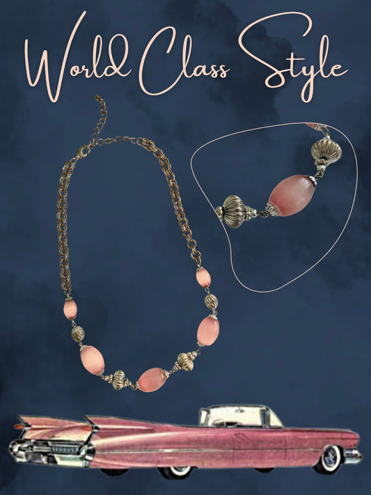 SOLD - Vintage 1950's-1960's Pink and Silver Beaded Necklace