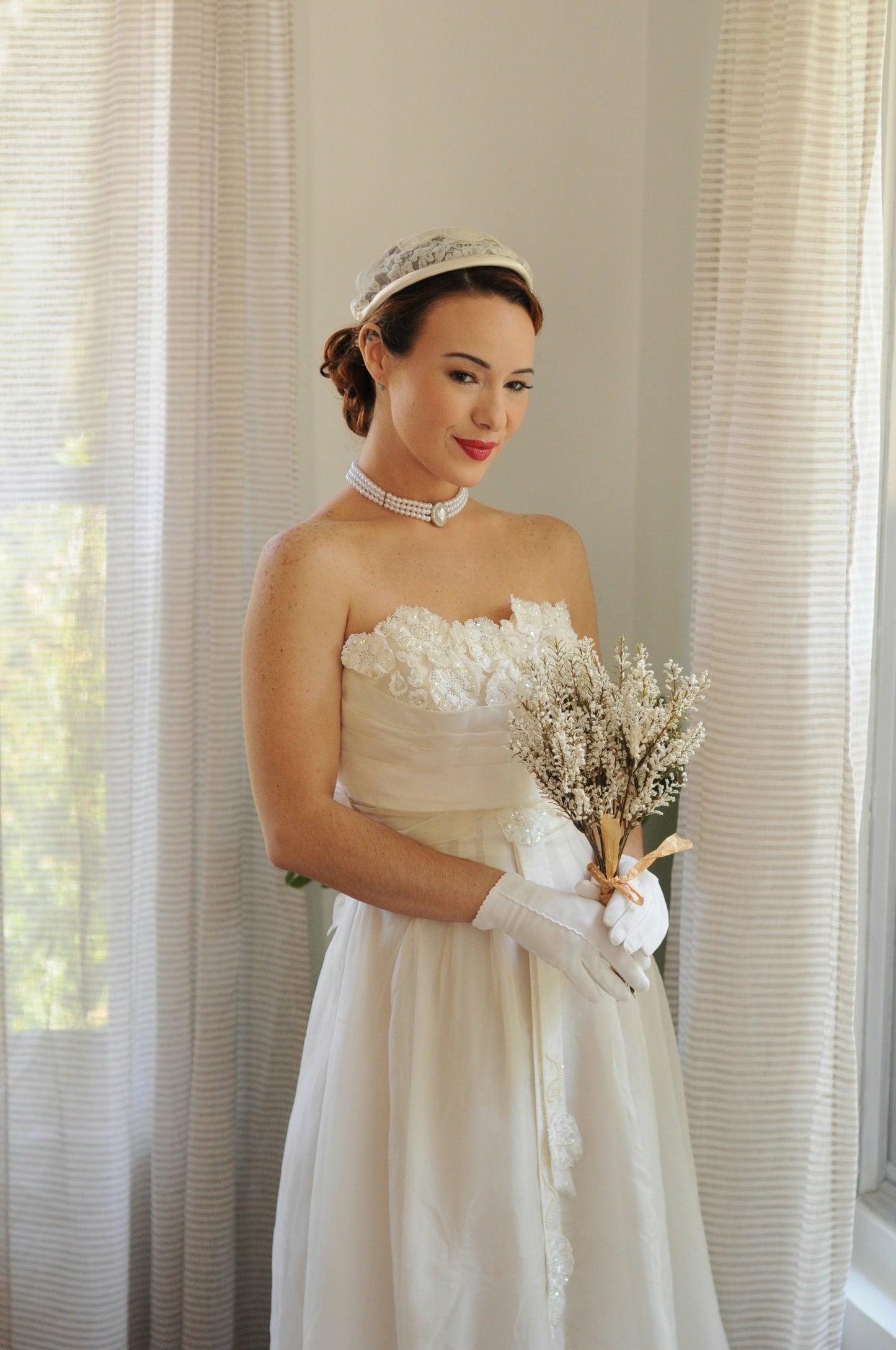 SOLD - Vintage 1950's Strapless Ivory Wedding Dress with Sequenced Lace Appliques