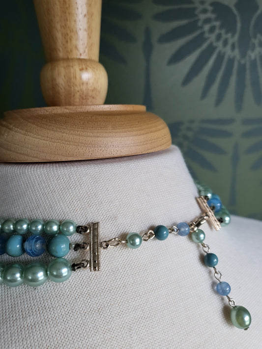 SOLD - Vintage Seafoam Green Faux Pearl and Blue Bead Necklace