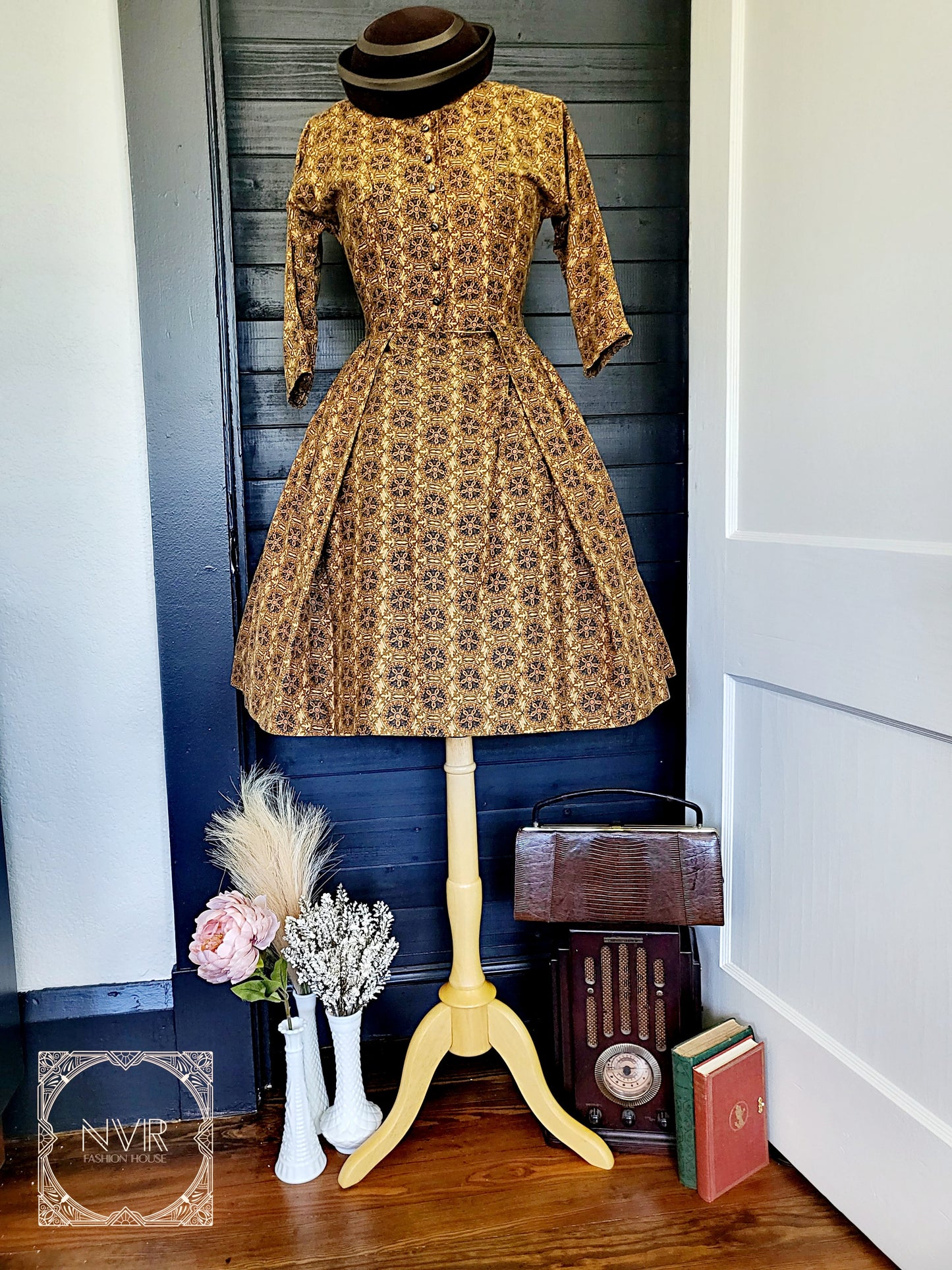SOLD - Vintage 1950's Printed Day Dress-Brown