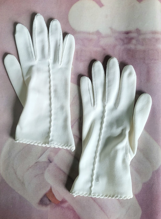 SOLD - Vintage 1950's-1960's White Nylon Gloves with Micro-Scalloped Edges