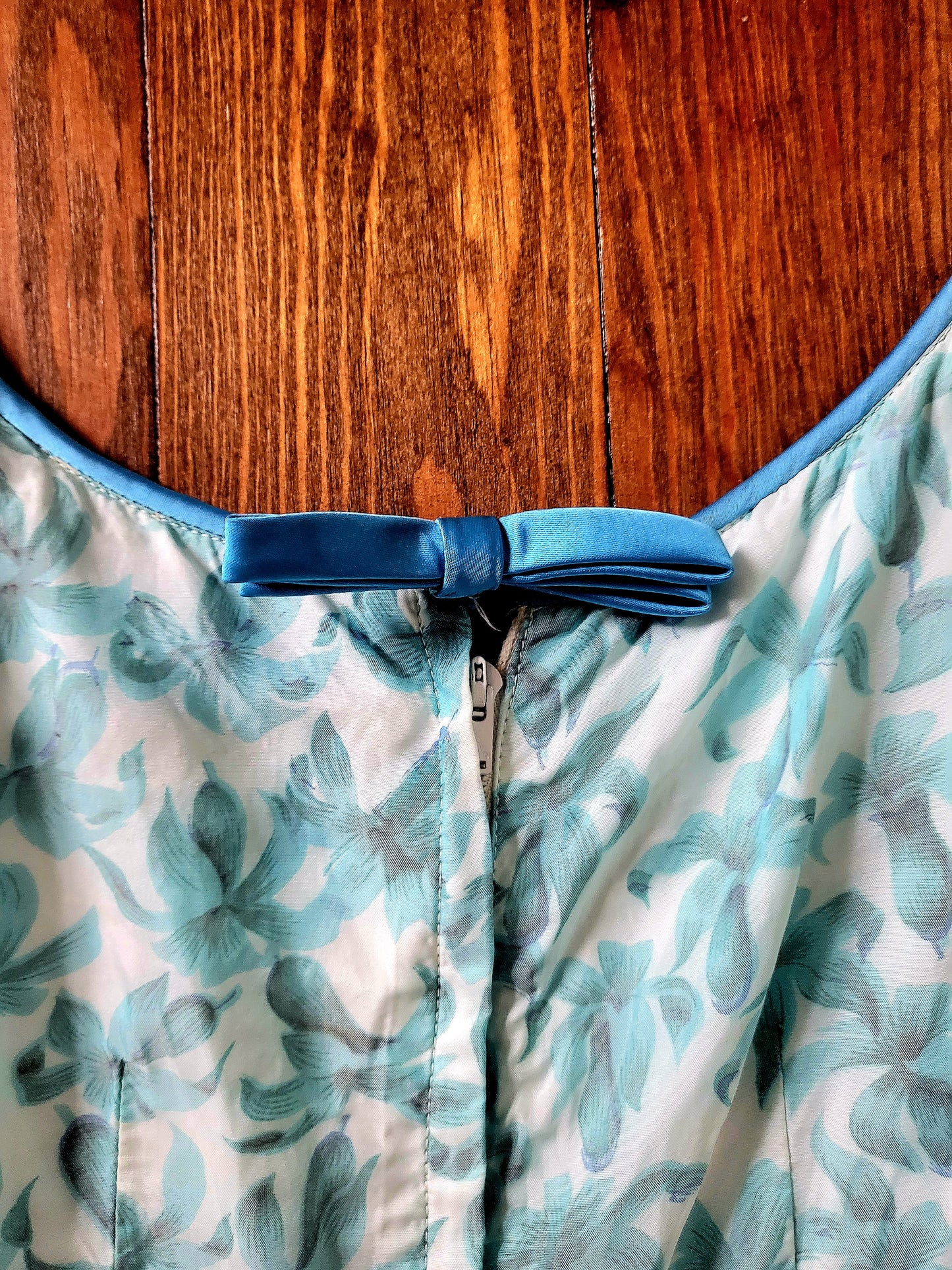 SOLD - Vintage 1950's Robbin Egg Blue Floral Full Skirt Dress With Sky Blue Ribbon Detail