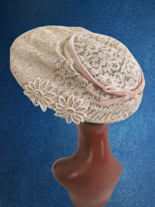 SOLD - Vintage 1940's-1950's Pale Pink Lace Saucer Hat