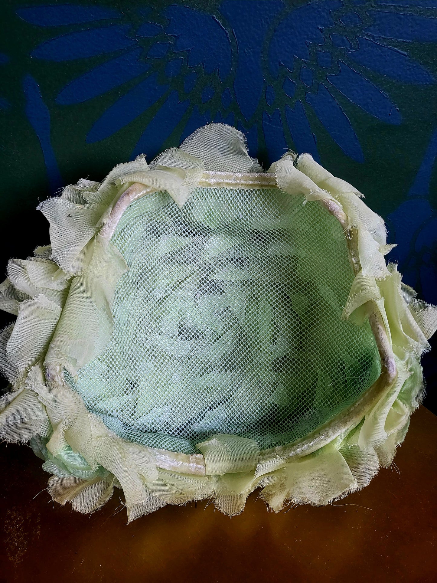 SOLD - Vintage 1950s-1960s Pale Green Chiffon Flower and Petal Juliet Cap