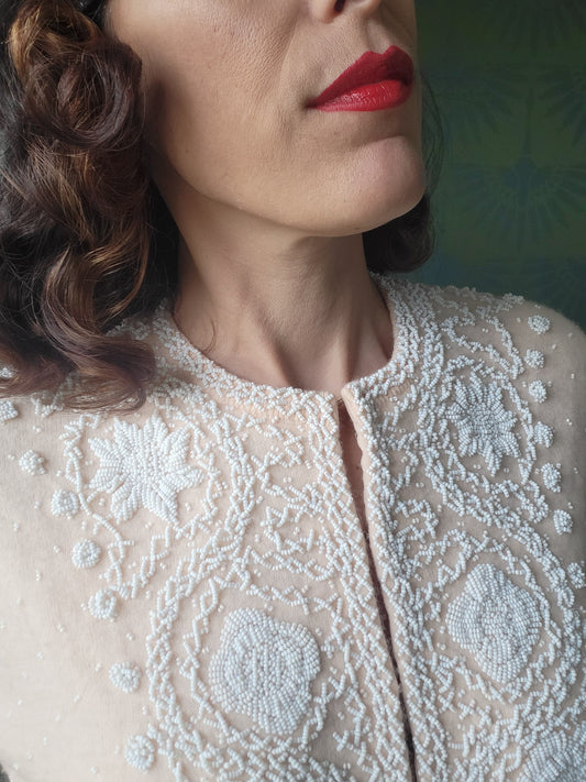 SOLD - Vintage 1950's Doreen Loh Pale Peach Beaded Cashmere Wool Cardigan