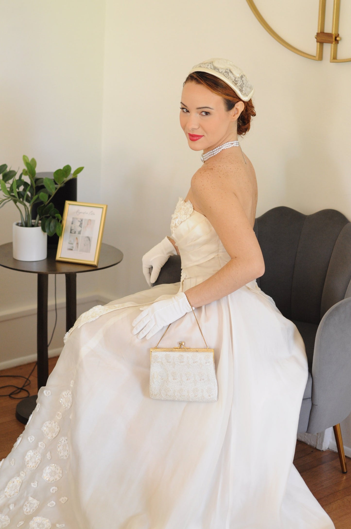 SOLD - Vintage 1950's Strapless Ivory Wedding Dress with Sequenced Lace Appliques
