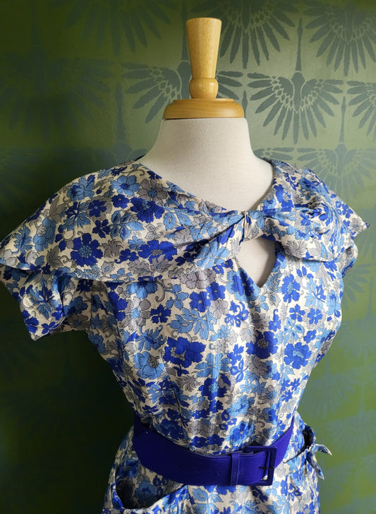 SOLD - Vintage 1950's Blakely Fashions Blue Floral Silk Dress