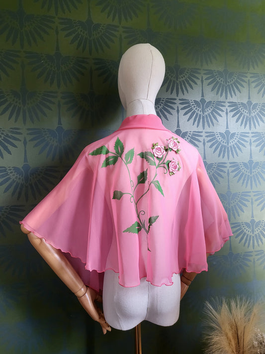 SOLD - Vintage Pink Chiffon Capelet with Roses