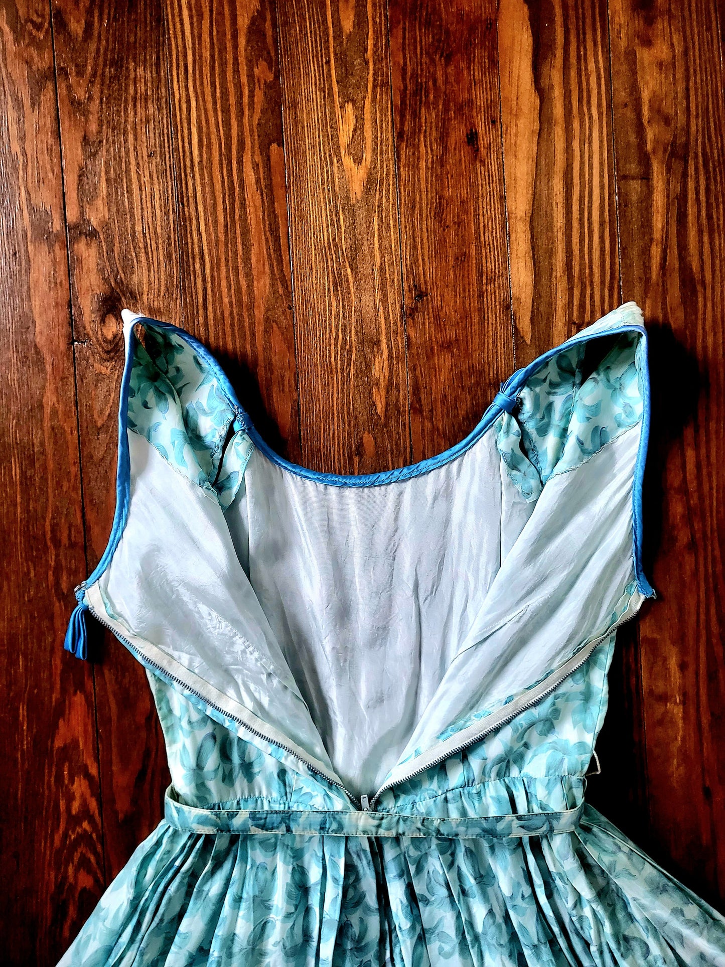 SOLD - Vintage 1950's Robbin Egg Blue Floral Full Skirt Dress With Sky Blue Ribbon Detail