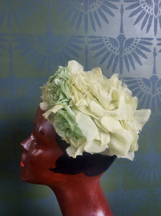 SOLD - Vintage 1950s-1960s Pale Green Chiffon Flower and Petal Juliet Cap