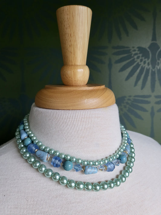 SOLD - Vintage Seafoam Green Faux Pearl and Blue Bead Necklace