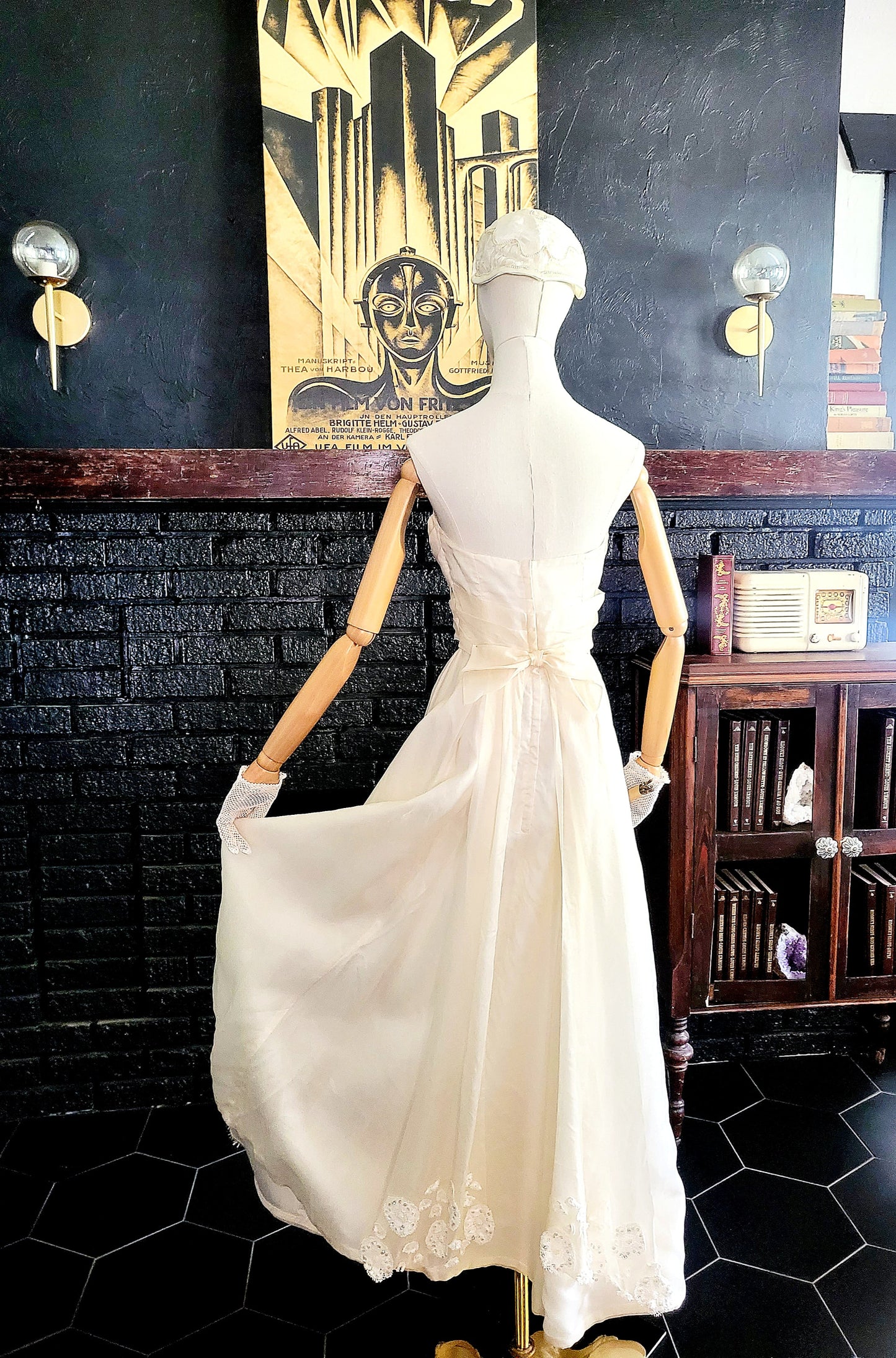 SOLD - Vintage 1950's Strapless Ivory Wedding Dress with Sequenced Lace Appliques