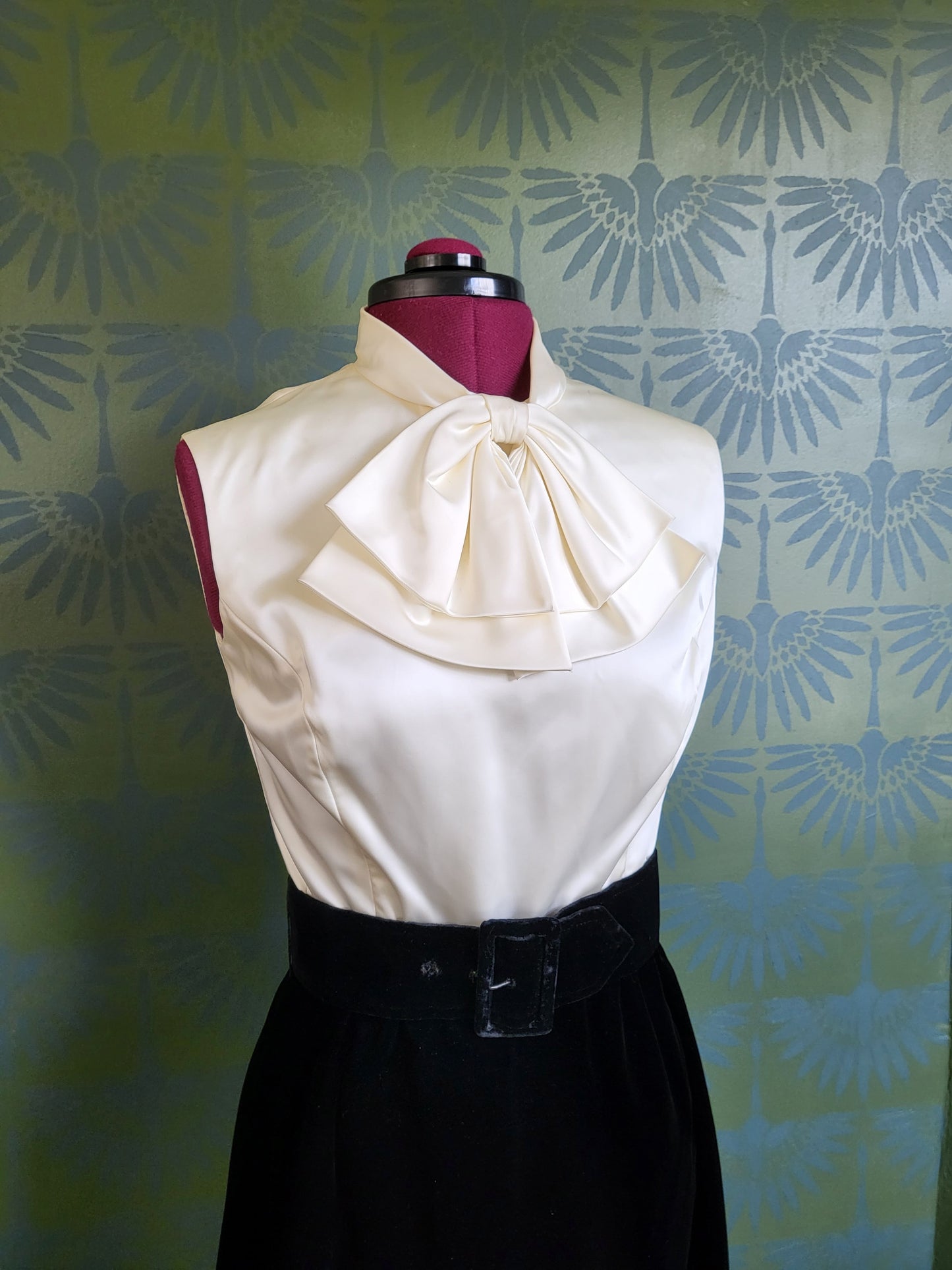 Vintage 1960's Ivory Satin and Black Velvet Color Block Dress with Bolero