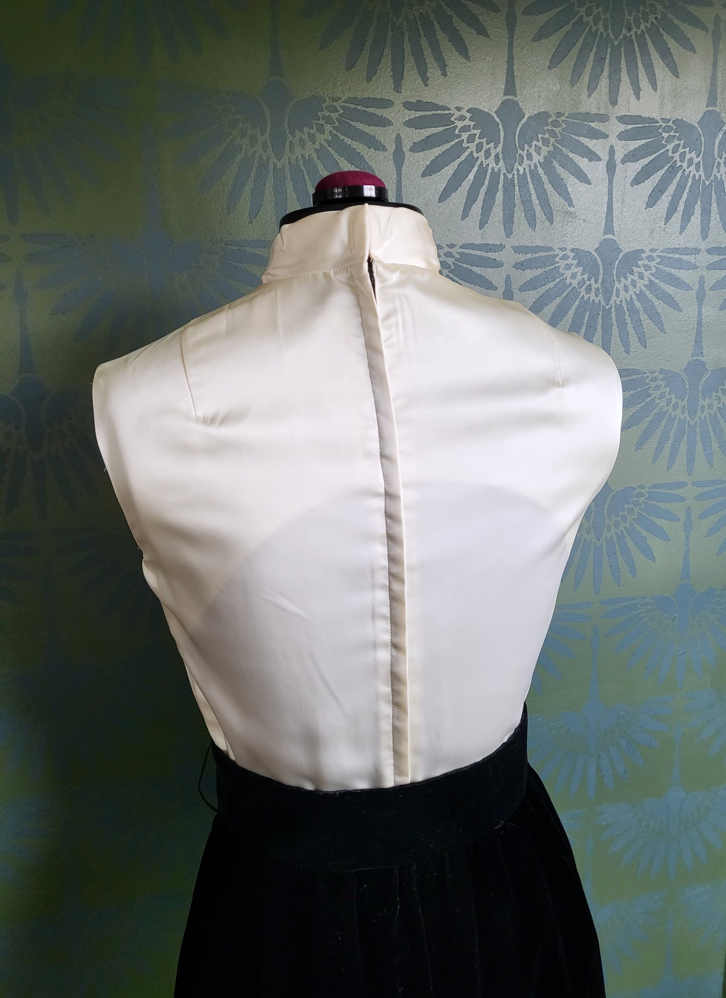 Vintage 1960's Ivory Satin and Black Velvet Color Block Dress with Bolero