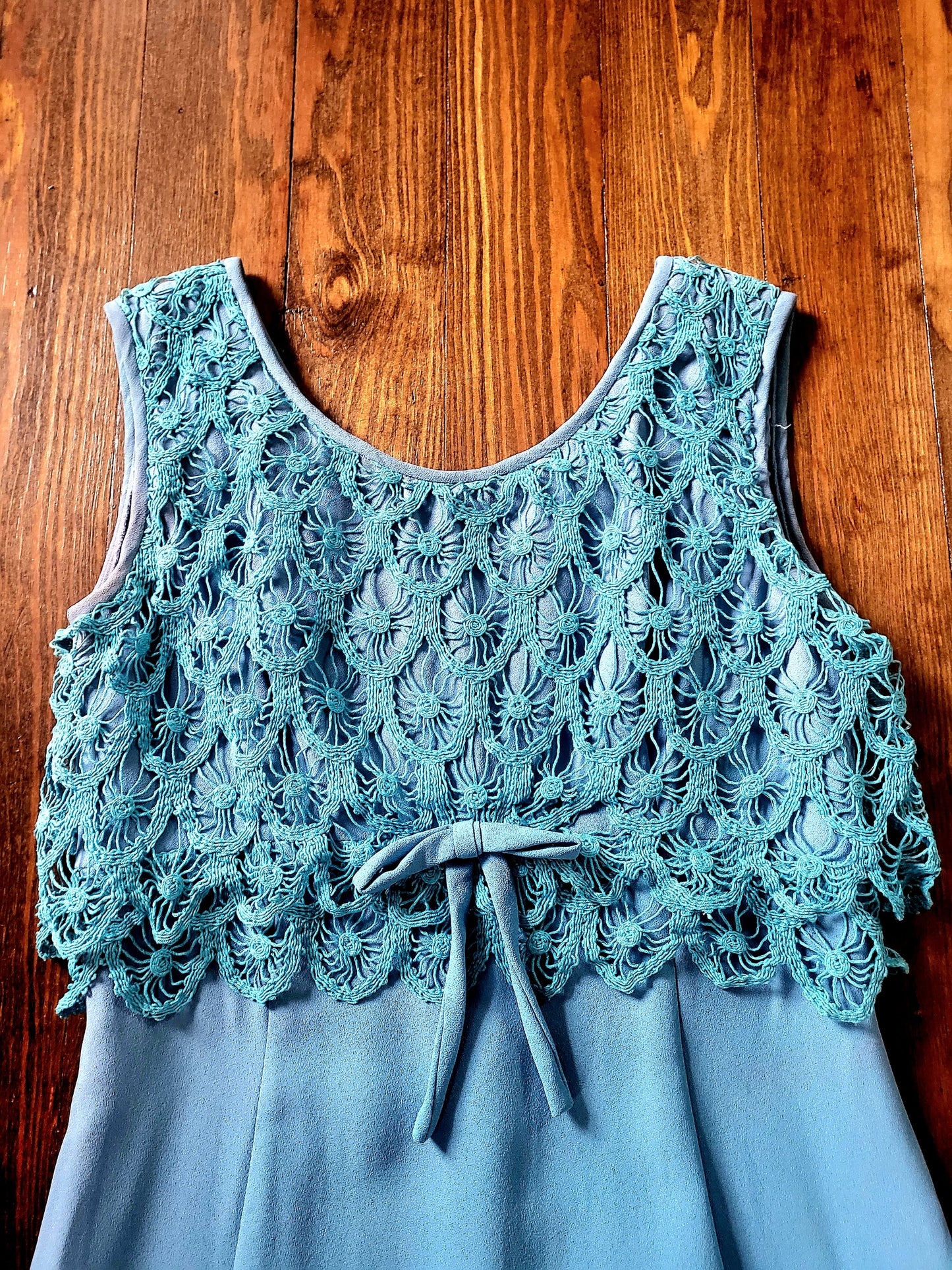 SOLD - Vintage 1960's Sky Blue with Teal Crocheted Bodice Shift Dress