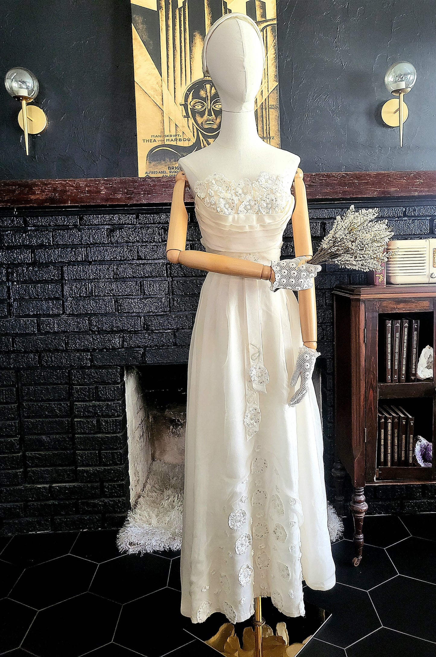 SOLD - Vintage 1950's Strapless Ivory Wedding Dress with Sequenced Lace Appliques