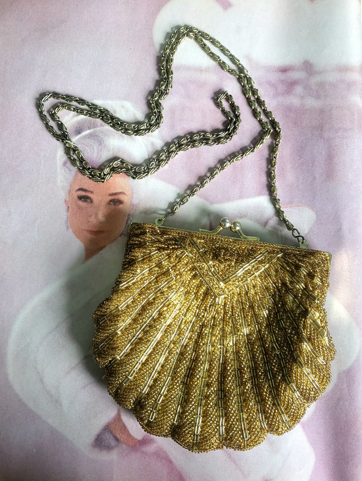 SOLD - Vintage La Regale Golden Beaded Shell Evening Bag