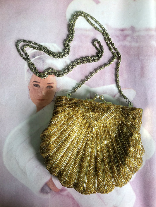 SOLD - Vintage La Regale Golden Beaded Shell Evening Bag