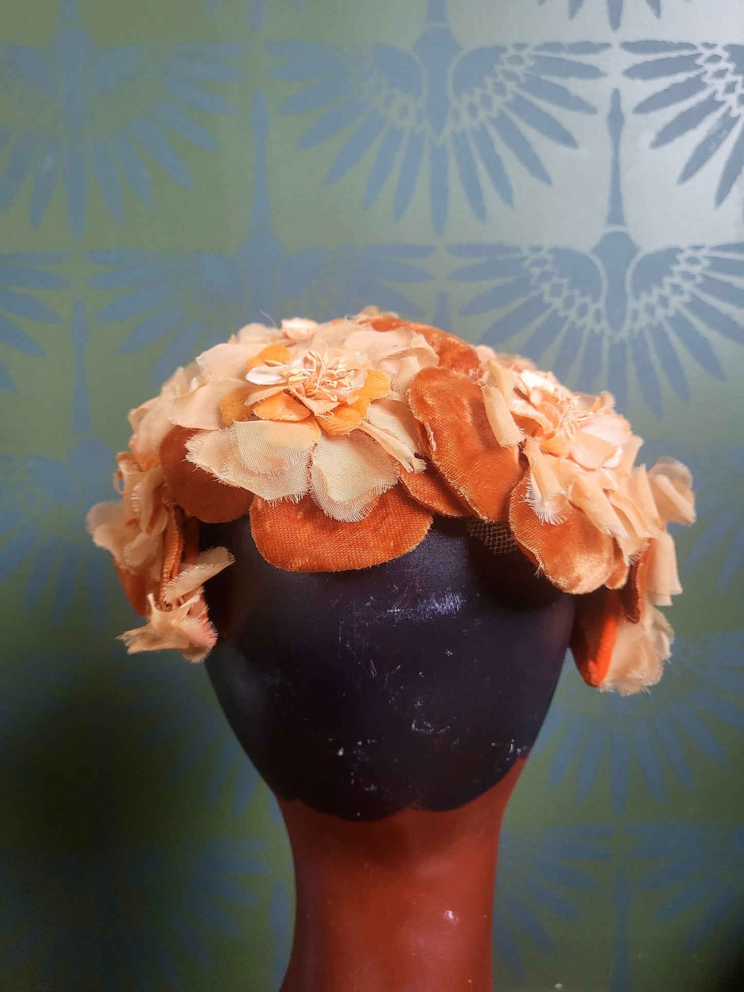 SOLD - Vintage 1950s-1960s Peach and Dark Orange Plush Velvet and Tan Chiffon Flower Crescent Topper
