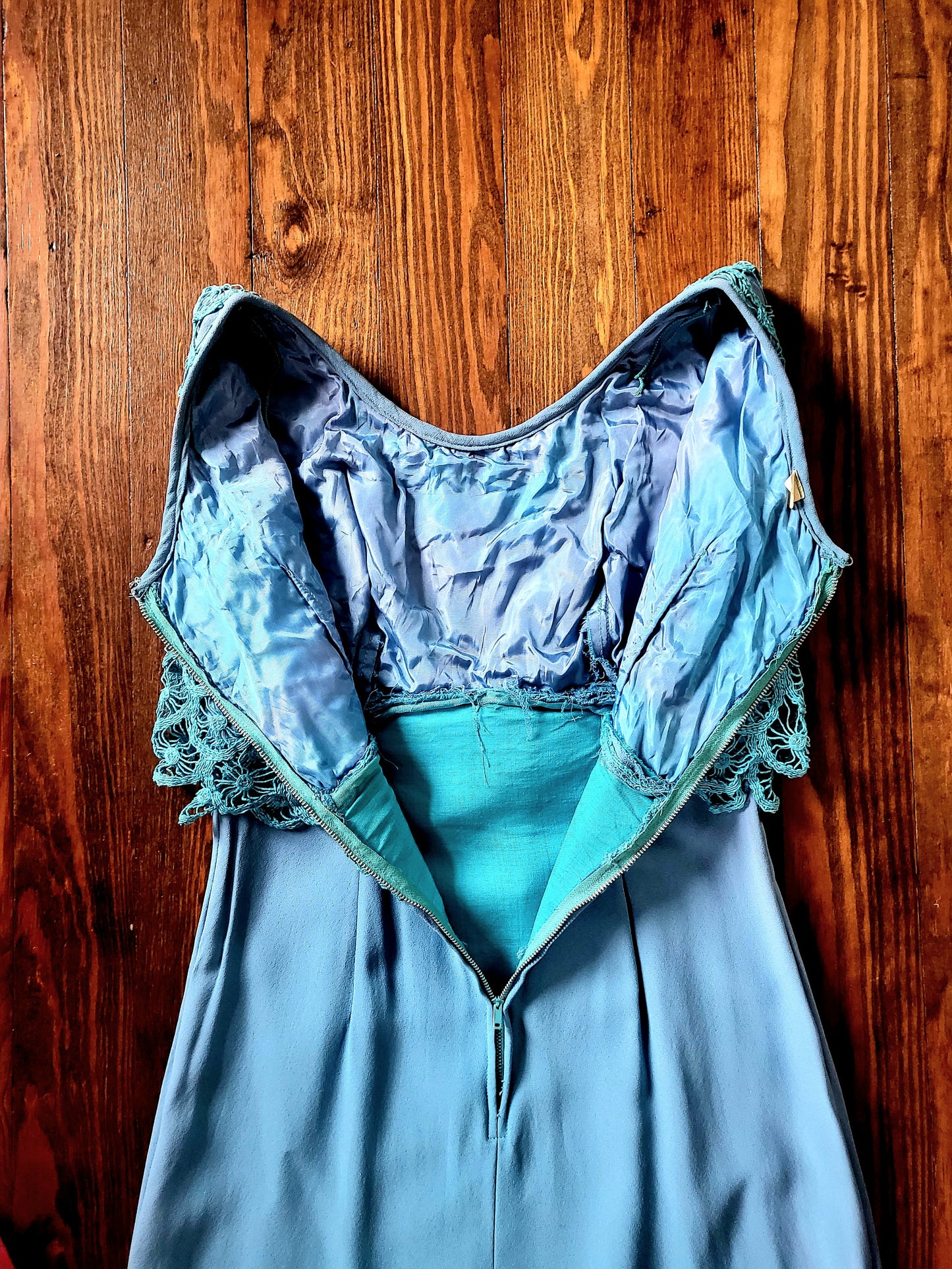 SOLD - Vintage 1960's Sky Blue with Teal Crocheted Bodice Shift Dress