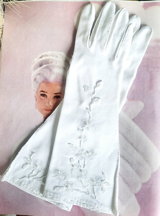 SOLD - Vintage 1950's-1960's White Nylon Floral Beaded Long Gloves