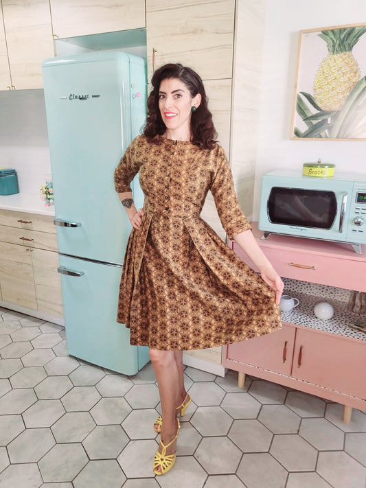 SOLD - Vintage 1950's Printed Day Dress-Brown