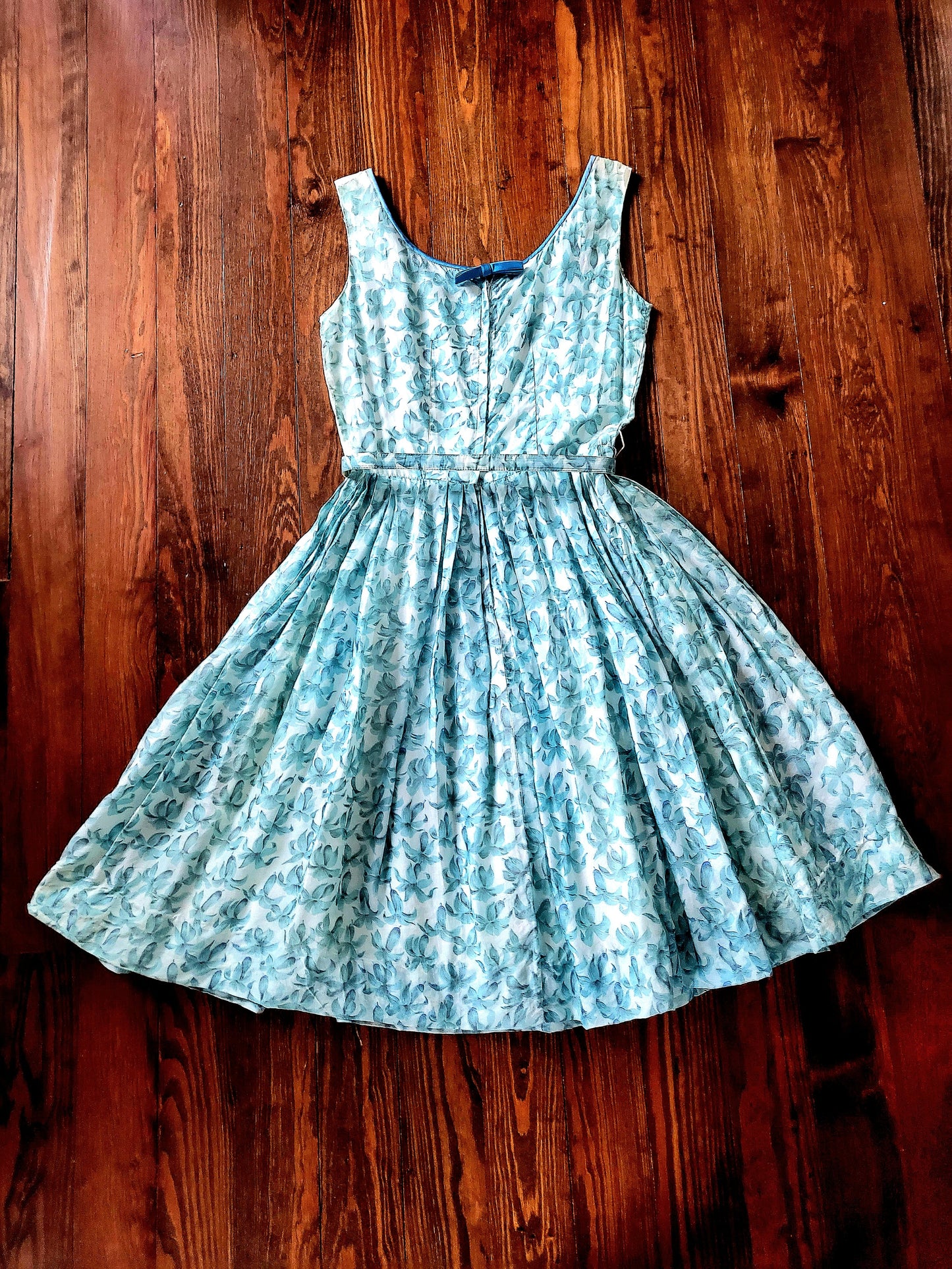 SOLD - Vintage 1950's Robbin Egg Blue Floral Full Skirt Dress With Sky Blue Ribbon Detail