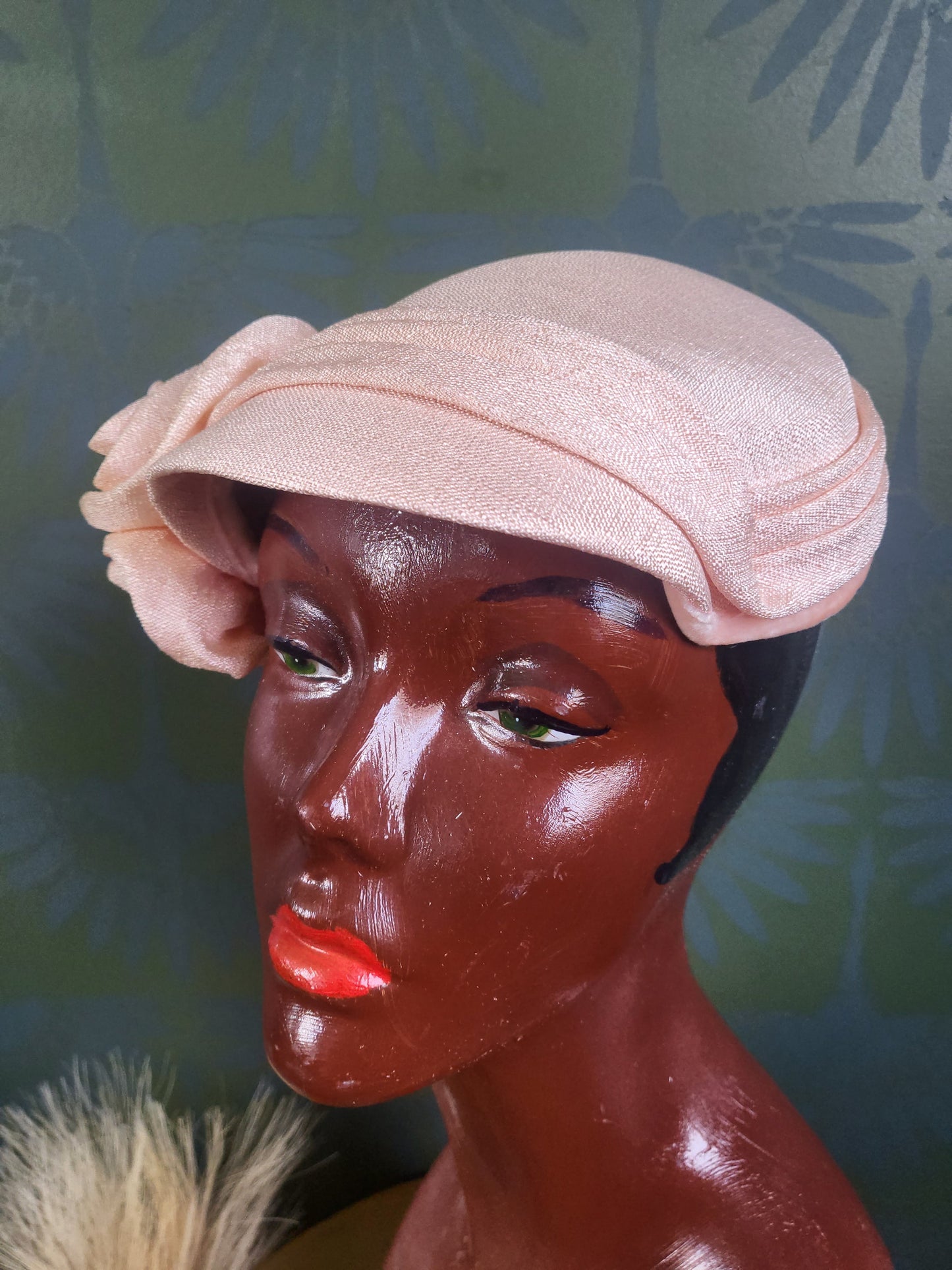 SOLD - Vintage 1950's Peachy Pink Crescent Topper with Rosette