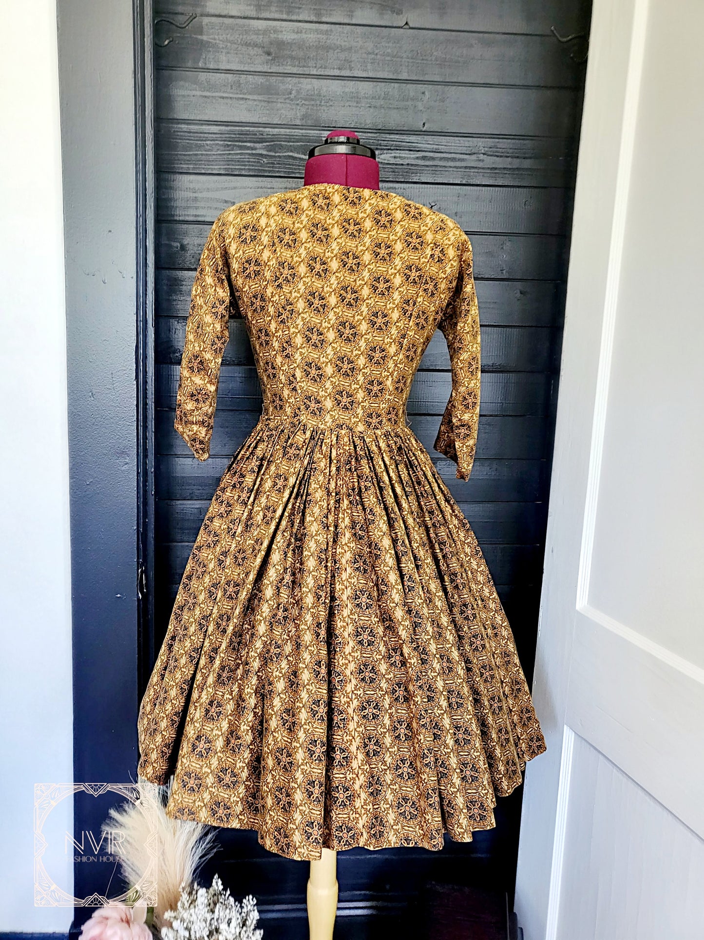 SOLD - Vintage 1950's Printed Day Dress-Brown