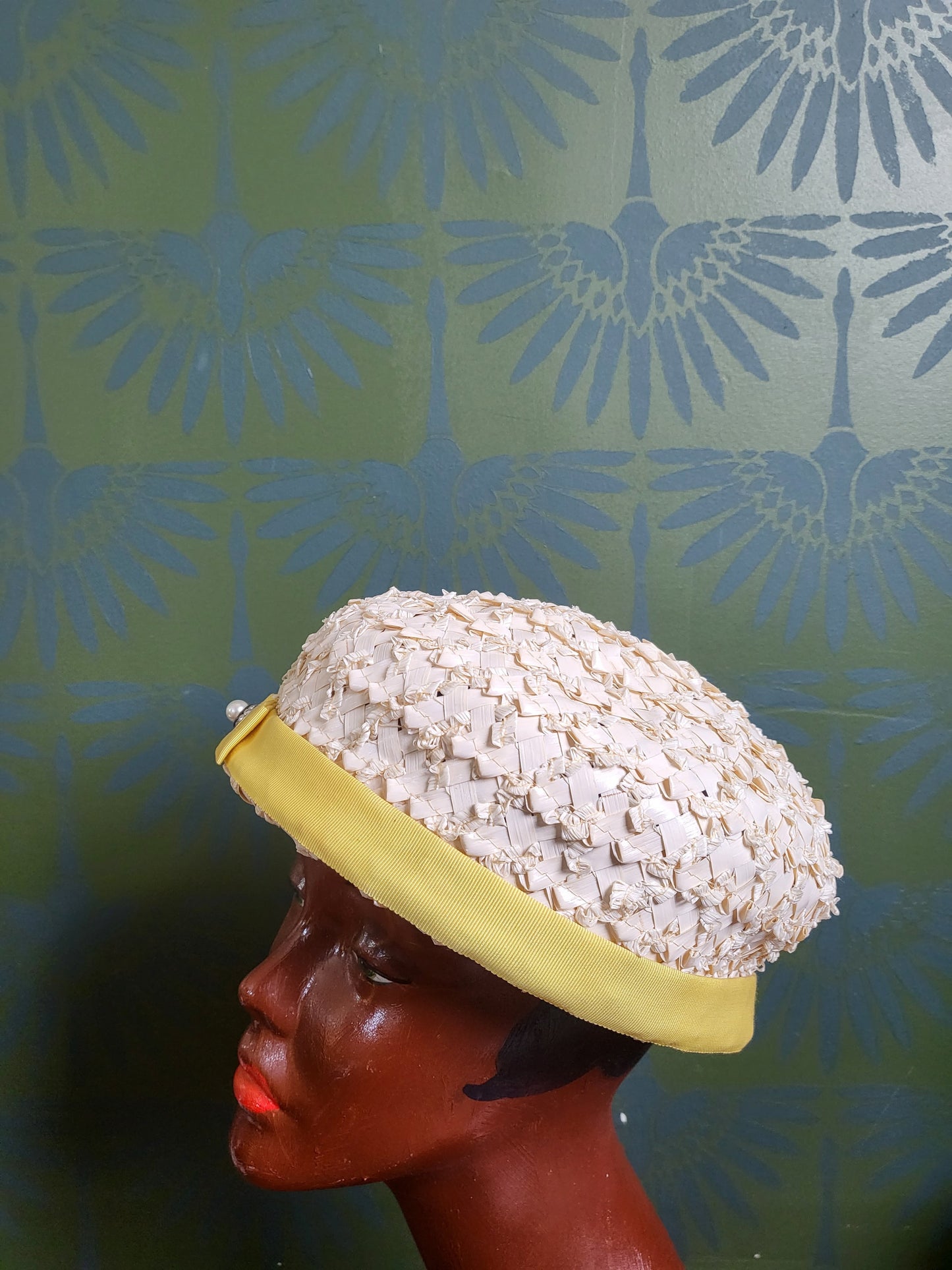 SOLD - Vintage 1950s-1960s Voguemont  Ivory Straw Weave Volume Hat with lemon Yellow Ribbon Trim and Faux Pearl Adornment