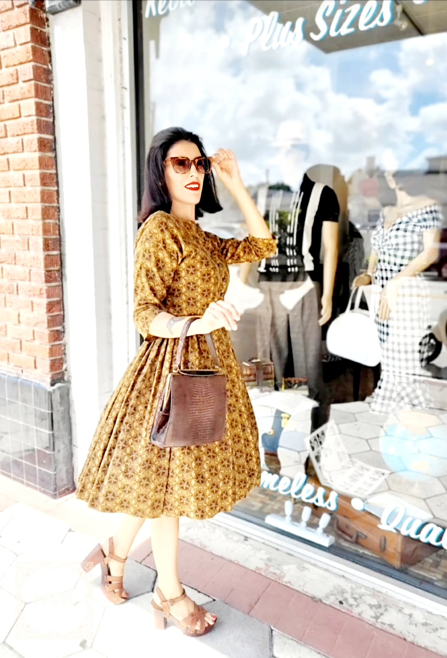 SOLD - Vintage 1950's Printed Day Dress-Brown