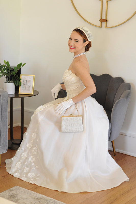 SOLD - Vintage 1950's Strapless Ivory Wedding Dress with Sequenced Lace Appliques