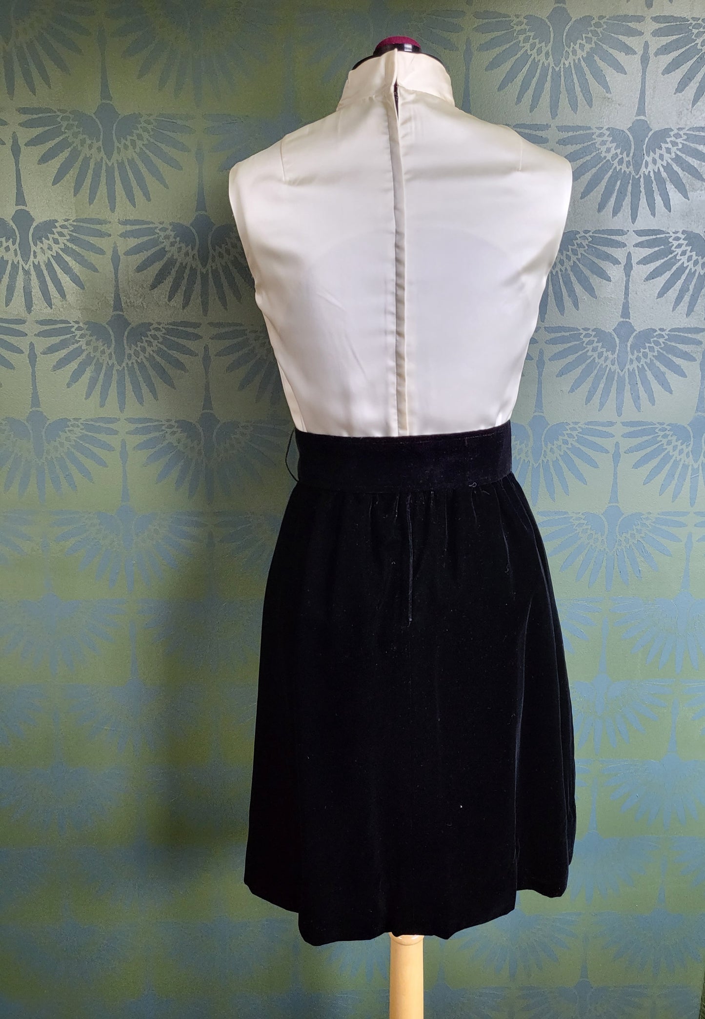 Vintage 1960's Ivory Satin and Black Velvet Color Block Dress with Bolero