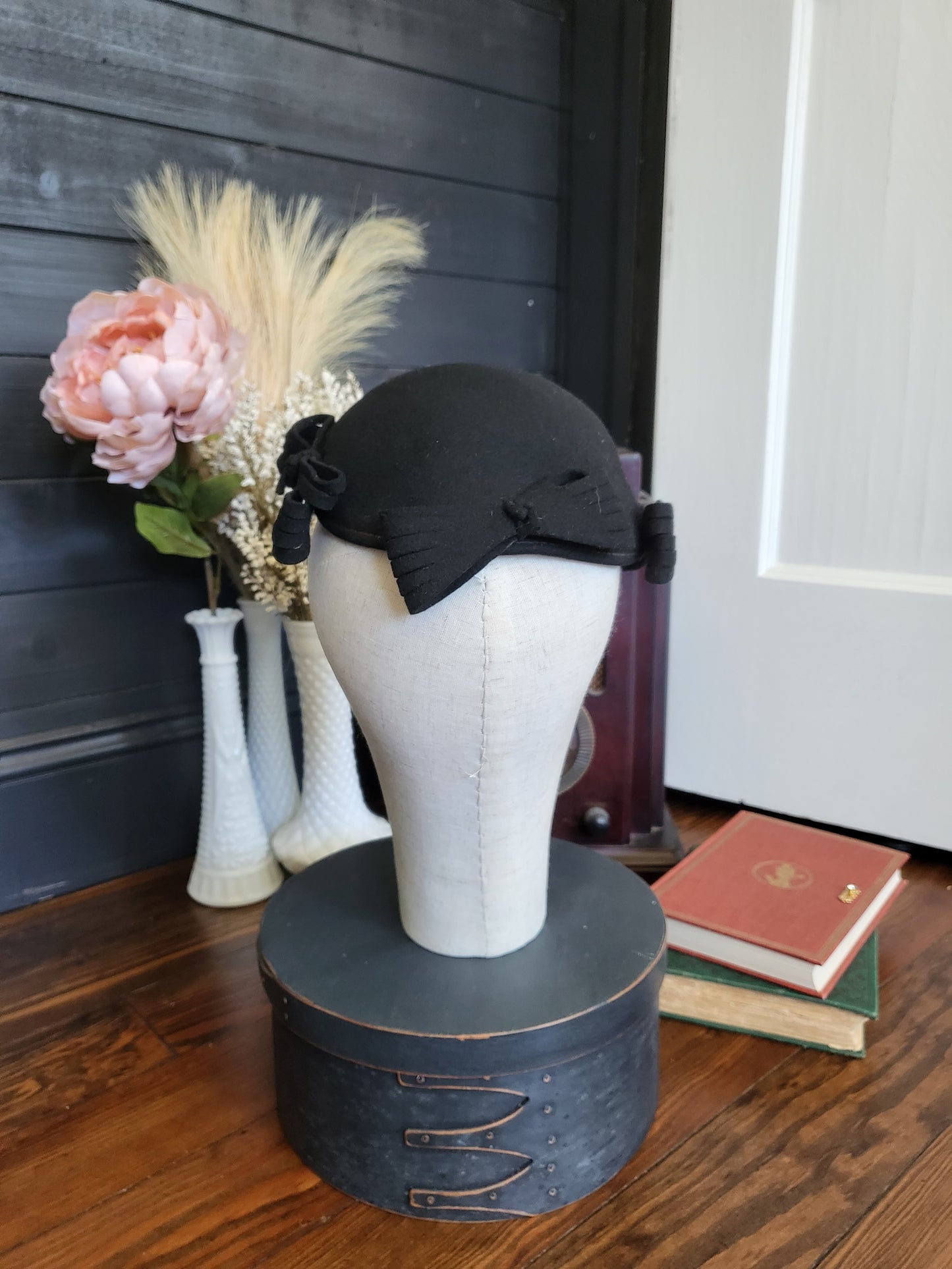 SOLD - Vintage 1950s Black Felted Wool Helmet Cap with Bow Ornamentation