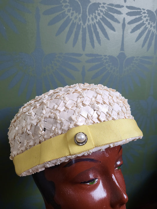 SOLD - Vintage 1950s-1960s Voguemont  Ivory Straw Weave Volume Hat with lemon Yellow Ribbon Trim and Faux Pearl Adornment